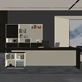 Modern Office Interior With Dark And Beige Desk Bookshelf And Snowy Mountains View