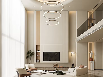 Modern Duplex Living Room Interior Design With Circular Pendant Lights TV Wall And Floor-to-Ceiling Windows 3d model
