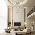 Modern Duplex Living Room Interior Design With Circular Pendant Lights TV Wall And Floor-to-Ceiling Windows