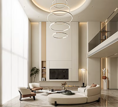 Modern Duplex Living Room Interior Design With Circular Pendant Lights TV Wall And Floor-to-Ceiling Windows 3d model