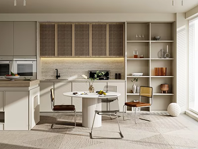 Modern Restaurant Kitchen Interior With Cabinets Island Dining Table Chairs Shelves And Lighting 3d model