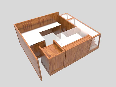 Wooden Display Cabinet Modern Structure With Open Shelves And White Countertop 3d model