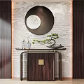 Elegant Wooden Console Table With Round Mirror Bonsai And Decorative Lanterns 3d model
