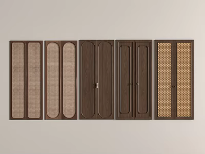 Different Designed Wooden Cabinet Doors With Rattan Panels And Brown Beige Tones 3d model