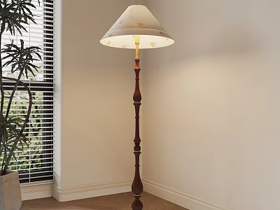 Wooden Floor Standing Lamp With Cream Shade Near Window And Green Plant 3d model