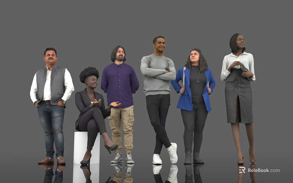 Diverse Group of People Standing and Sitting in Various Casual and Business Attire 3d model 