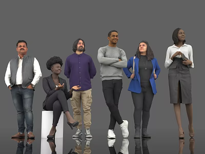 Diverse Group of People Standing and Sitting in Various Casual and Business Attire 3d model