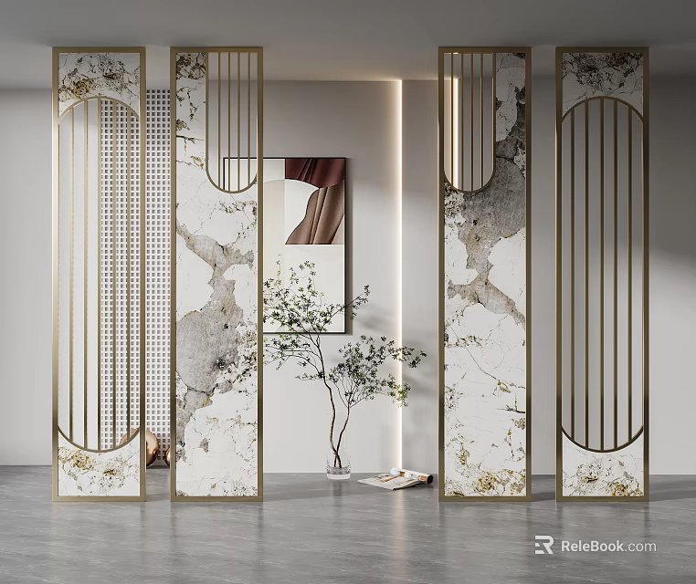 Elegant Modern Room Divider With Gold Metal Frame And Marble Pattern Panels 3d model 