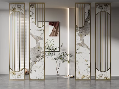 Elegant Modern Room Divider With Gold Metal Frame And Marble Pattern Panels 3d model