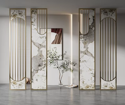 Elegant Modern Room Divider With Gold Metal Frame And Marble Pattern Panels 3d model