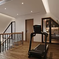 Modern Basement Interior With Treadmill Staircase Wooden Flooring And Lighting