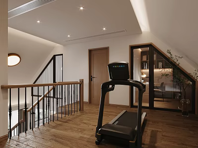 Modern Basement Interior With Treadmill Staircase Wooden Flooring And Lighting 3d model
