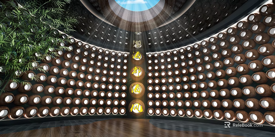 Circular Building Interior With Skylight Light Rays Circular Holes And Wooden Floor 3d model 