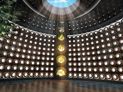 Circular Building Interior With Skylight Light Rays Circular Holes And Wooden Floor 3d model