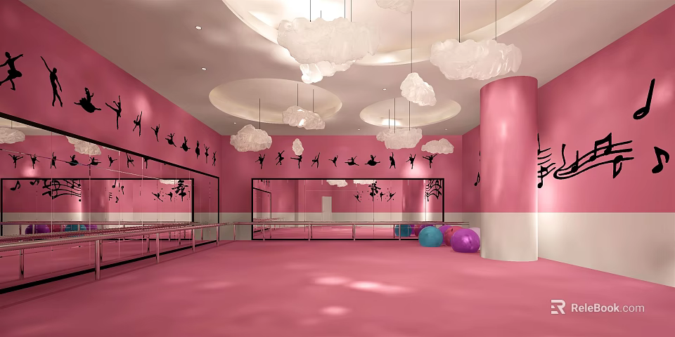 Pink Fitness Dance Studio With Large Mirrors Ballet Barres Cloud Lights And Colorful Balls 3d model 