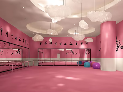 Pink Fitness Dance Studio With Large Mirrors Ballet Barres Cloud Lights And Colorful Balls 3d model