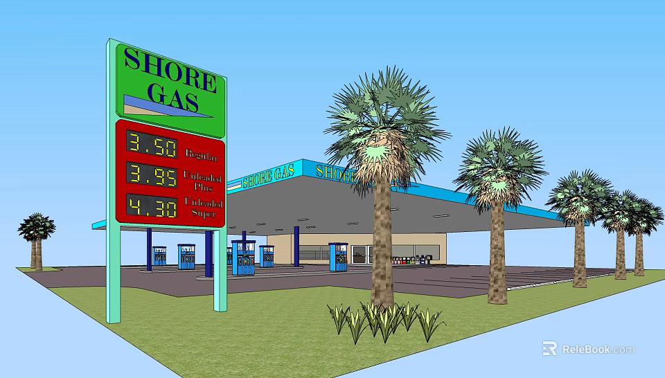 Shore Gas Station Exterior With Fuel Prices Palm Trees And Blue Roof 3d model 