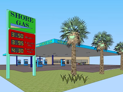 Shore Gas Station Exterior With Fuel Prices Palm Trees And Blue Roof 3d model