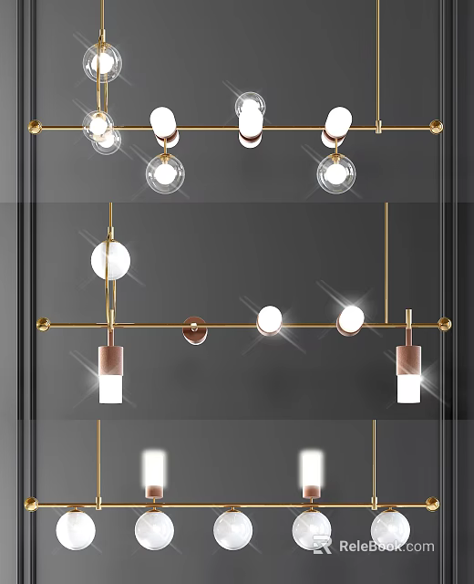 Modern Chandelier Design With Golden Metal Rods And Round Glass Globes 3d model 