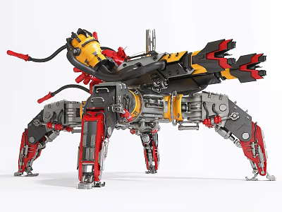 Smart Machine Mechanical Spider With Red Black Yellow Robotic Legs And Complex Structure 3d model