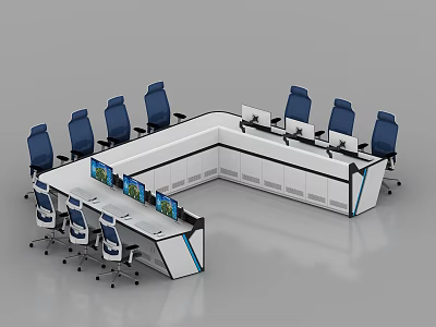 Modern L shaped Conference Console Table With Blue Chairs And Multiple Monitors 3d model