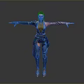 3D Female Character With Blue Outfit Purple Pink Hair And Tattoo In Open Arms Pose