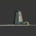 Ancient Stone Windmill Surrounded By Green Grassland Path And Small Hut