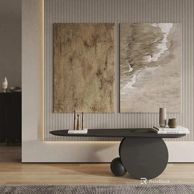 Modern Interior Featuring Abstract Paintings On Textured Wall Black Round Table With Books Decorative Items 3d model 
