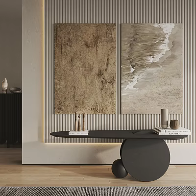Modern Interior Featuring Abstract Paintings On Textured Wall Black Round Table With Books Decorative Items 3d model