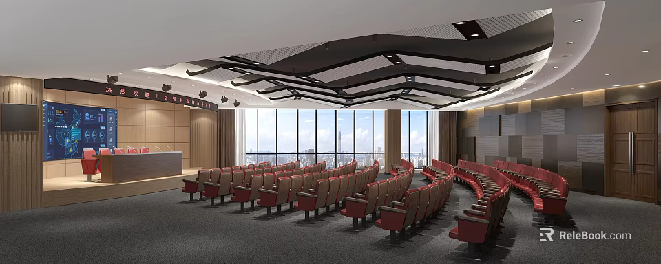 Modern Conference Room With Curved Red Seats Large Windows And Ceiling Design 3d model 