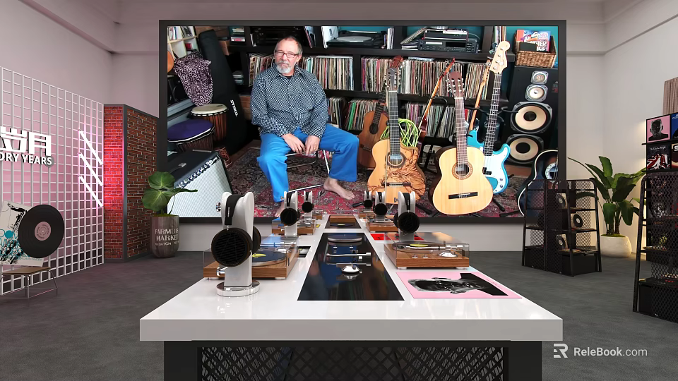 Man Sitting In Room With Guitars Records Speakers Headphones And Audio Gear 3d model 
