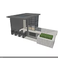 Modern Entrance Gate Design With Sloped Canopy Glass Panels And Stone Wall Greenery