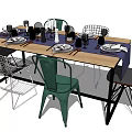 Dining Table Set with Metal Frame Various Style Chairs Tableware Candle Holders and Wine Glasses