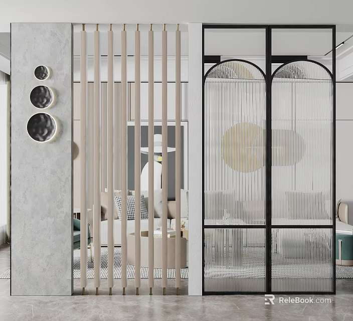 Modern Living Room With Slatted And Glass Panel Room Dividers For Decoration 3d model 