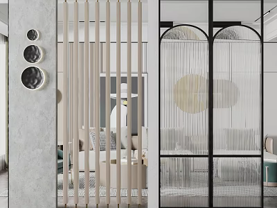 Modern Living Room With Slatted And Glass Panel Room Dividers For Decoration 3d model