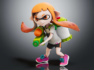 Playful Orange Haired Character And Squid Like Creature With Green Weapon Backpack And Goggles 3d model