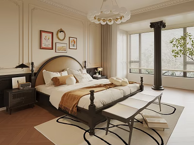 Elegant Bedroom Interior with Beige Walls Decorative Moldings Dark Wood Headboard Chandelier and Area Rug 3d model