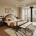 Elegant Bedroom Interior with Beige Walls Decorative Moldings Dark Wood Headboard Chandelier and Area Rug