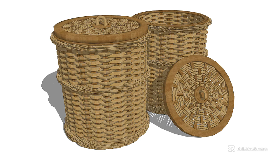 Set of Three Natural Woven Round Storage Baskets with Lid and Handle Details 3d model 