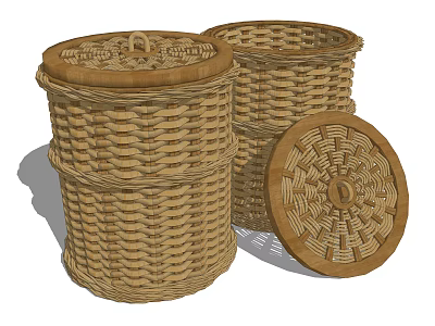 Set of Three Natural Woven Round Storage Baskets with Lid and Handle Details 3d model