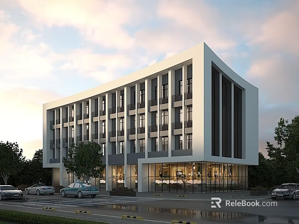 Modern Commercial Street Featuring Multi Story Building Glass Windows Trees Cars And Sunset Sky 3d model 