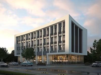 Modern Commercial Street Featuring Multi Story Building Glass Windows Trees Cars And Sunset Sky 3d model