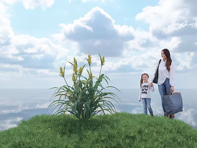 Tall Flowering Plant on Green Grass with Mother and Little Girl Holding Hands Under Blue Sky and Clouds 3d model