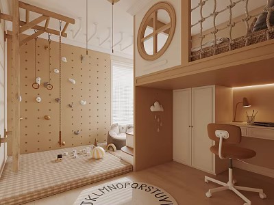 Cozy Kids Room With Climbing Wall Bunk Bed And Desk 3d model