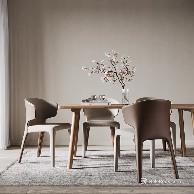 Modern Dining Table Set With Wooden Top Beige Chairs And White Blossom Vase 3d model 