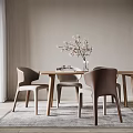 Modern Dining Table Set With Wooden Top Beige Chairs And White Blossom Vase