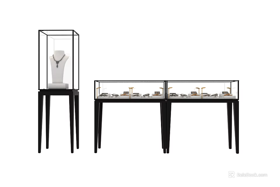 Elegant Black Frame Glass Display Cabinets for Jewelry and Watch Showcase Shelves 3d model 