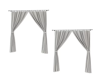Gray Striped Curtains Hanging On Curtain Rods With Tied Details For Home Decor 3d model