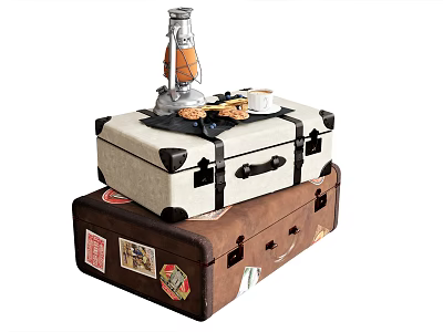 Stacked Suitcases White Top Brown Bottom with Kerosene Lamp Cookies Coffee Cup and Travel Stickers 3d model