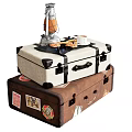 Stacked Suitcases White Top Brown Bottom with Kerosene Lamp Cookies Coffee Cup and Travel Stickers